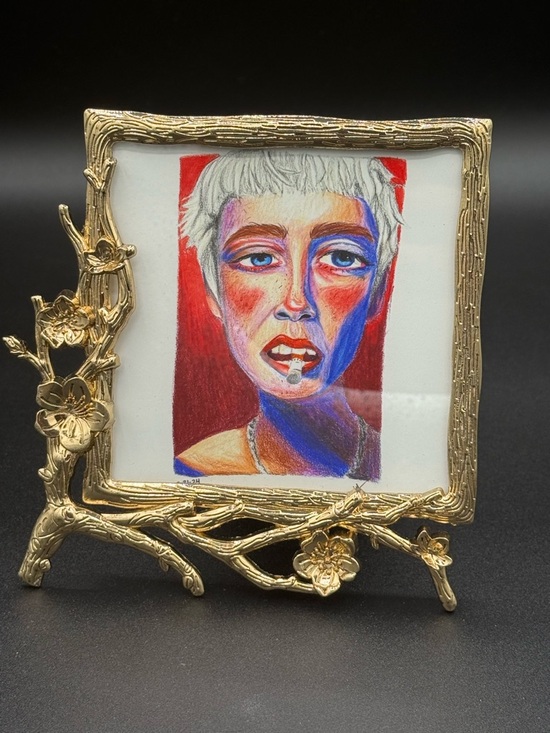 Other - NWOT- 4.25”x5.25”, Small Gold Floral Picture Frame with Colorful Portrait Art